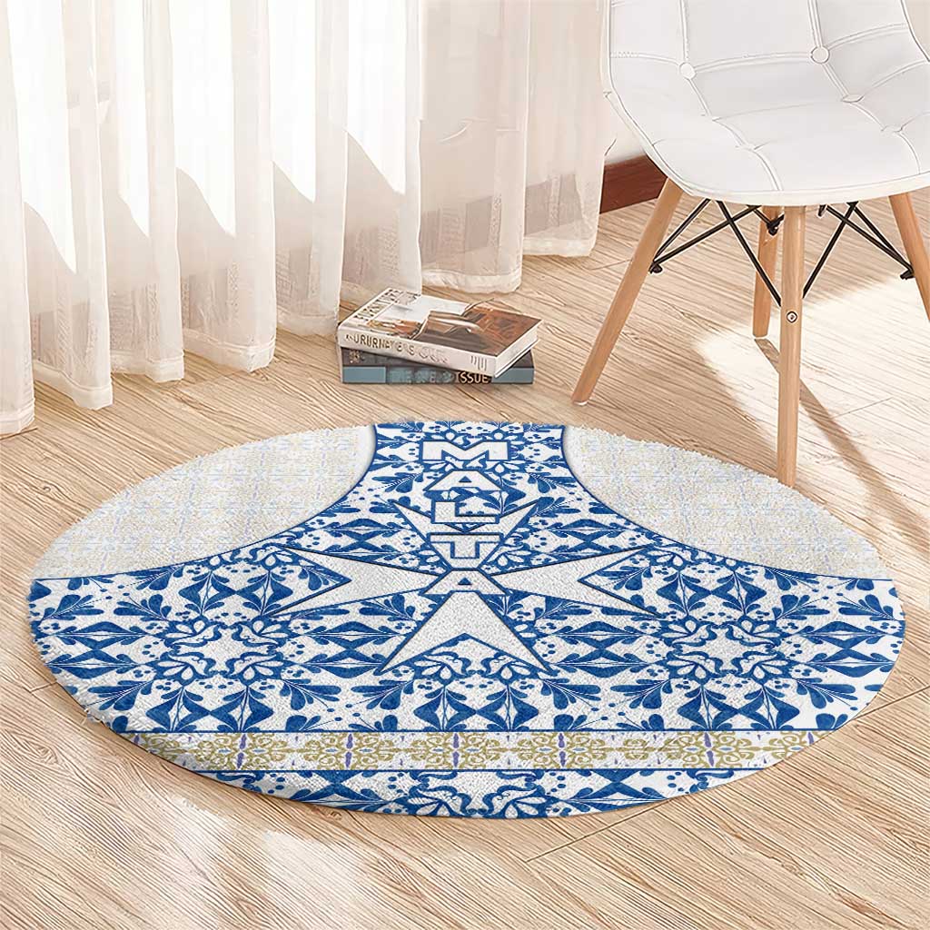 Malta Round Carpet with Blue White Tile Design and Maltese Cross Pattern - Wonder Print Shop