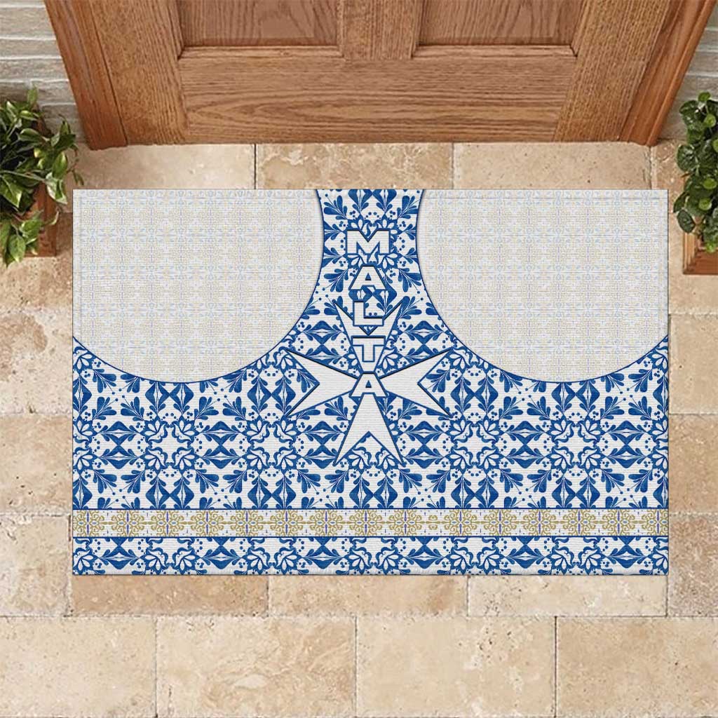 Malta Rubber Doormat with Blue White Tile Design and Maltese Cross Pattern - Wonder Print Shop