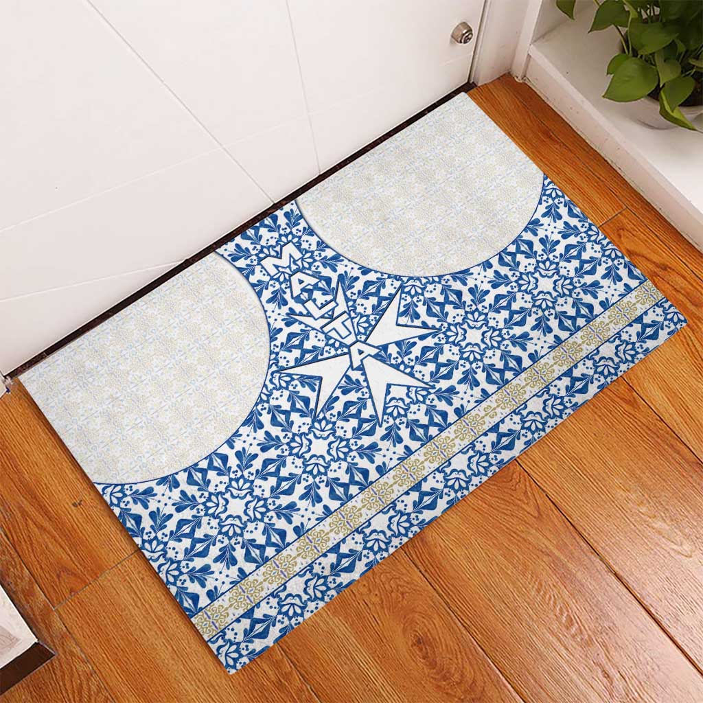 Malta Rubber Doormat with Blue White Tile Design and Maltese Cross Pattern - Wonder Print Shop