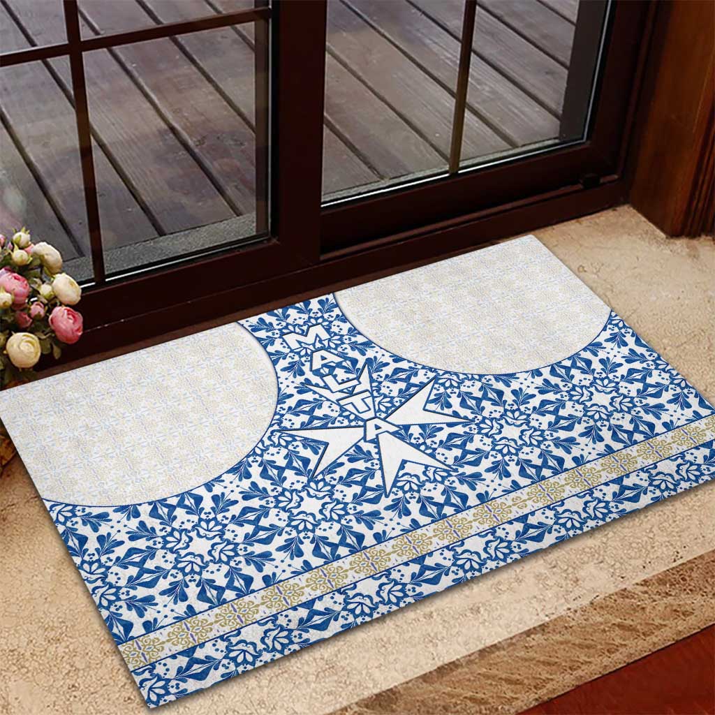 Malta Rubber Doormat with Blue White Tile Design and Maltese Cross Pattern - Wonder Print Shop