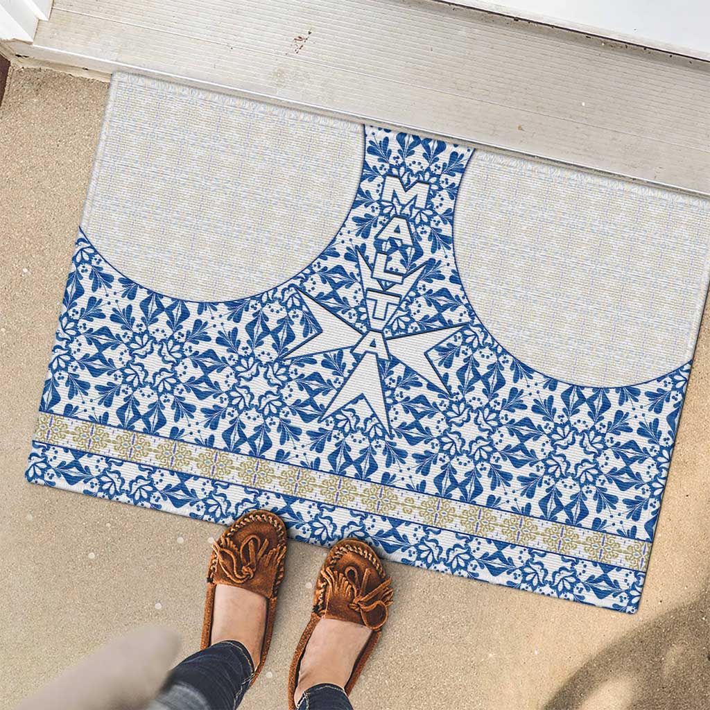 Malta Rubber Doormat with Blue White Tile Design and Maltese Cross Pattern - Wonder Print Shop