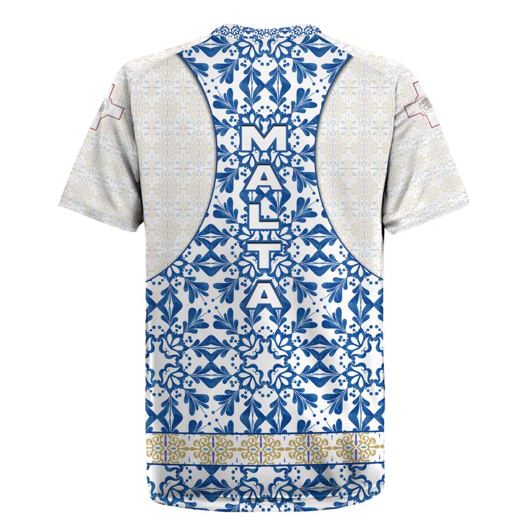 Malta Rugby Jersey with Blue White Tile Design and Maltese Cross Pattern - Wonder Print Shop