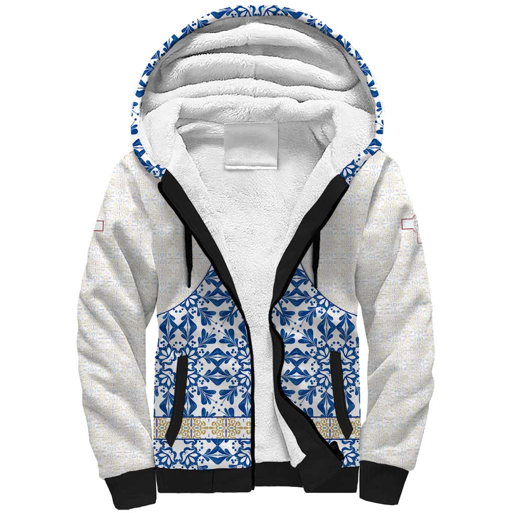 Malta Sherpa Hoodie with Blue White Tile Design and Maltese Cross Pattern - Wonder Print Shop