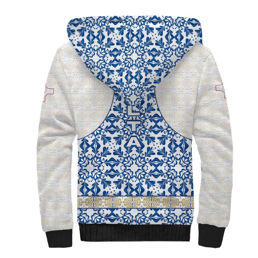 Malta Sherpa Hoodie with Blue White Tile Design and Maltese Cross Pattern - Wonder Print Shop