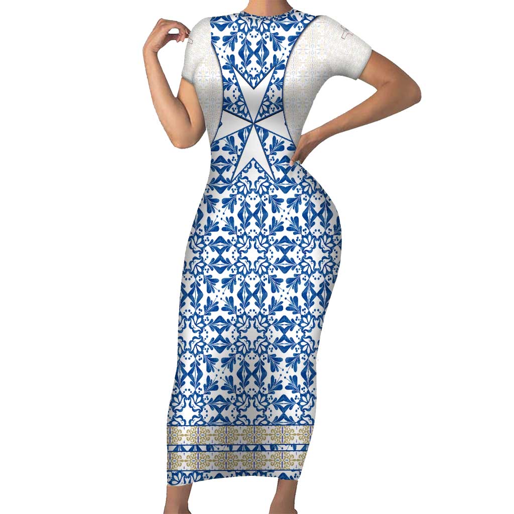 Malta Short Sleeve Bodycon Dress with Blue White Tile Design and Maltese Cross Pattern - Wonder Print Shop