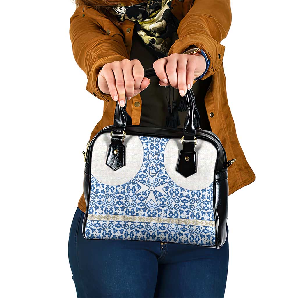 Malta Shoulder Handbag with Blue White Tile Design and Maltese Cross Pattern - Wonder Print Shop