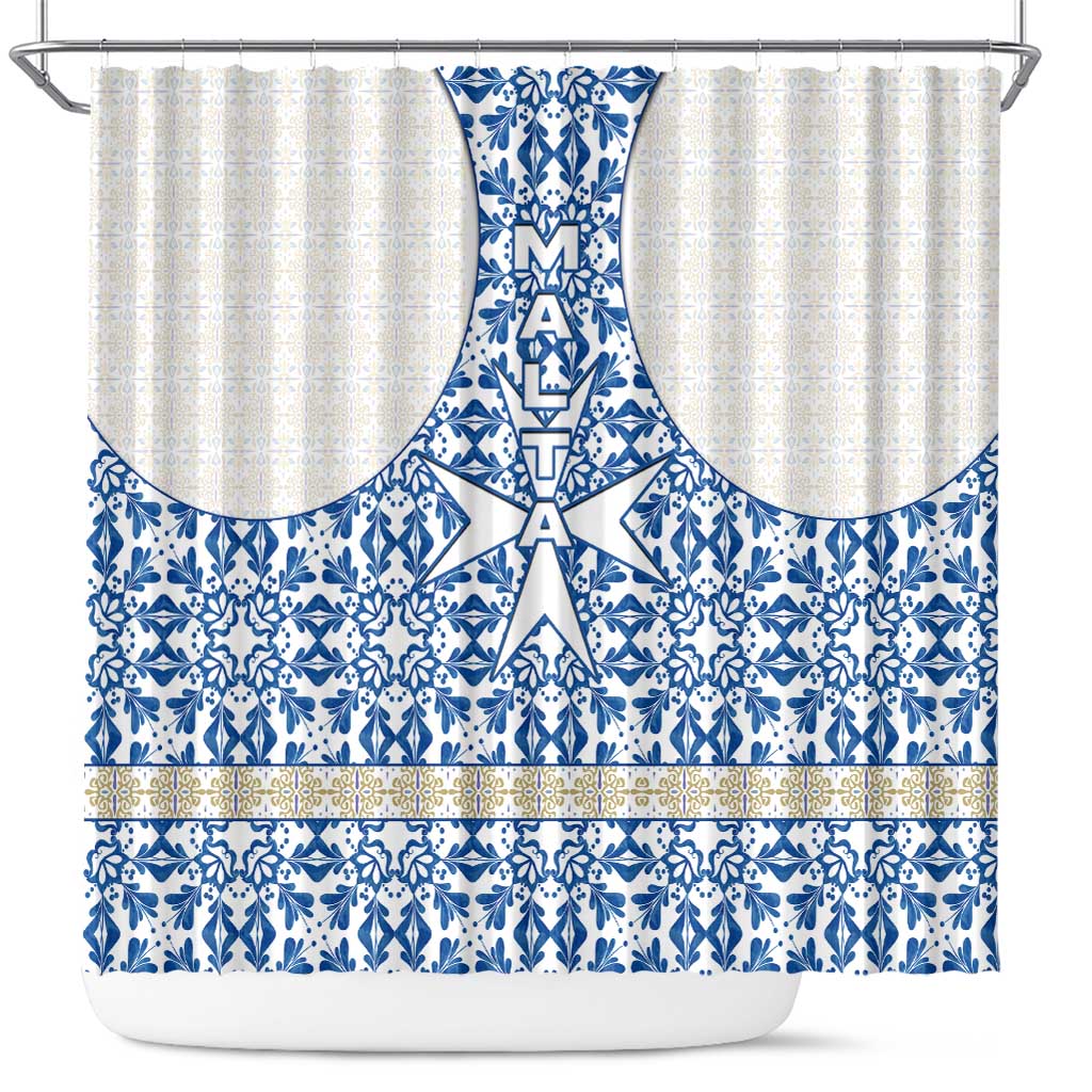 Malta Shower Curtain with Blue White Tile Design and Maltese Cross Pattern - Wonder Print Shop