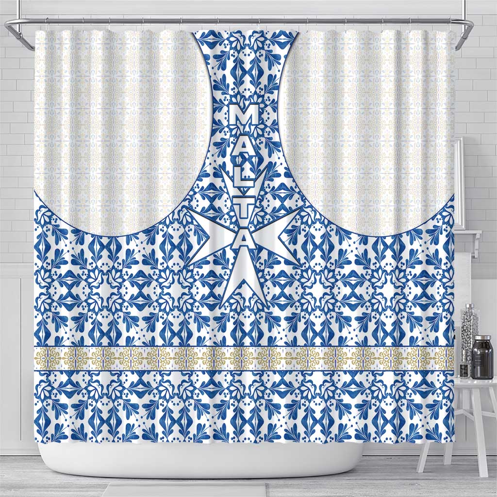 Malta Shower Curtain with Blue White Tile Design and Maltese Cross Pattern - Wonder Print Shop