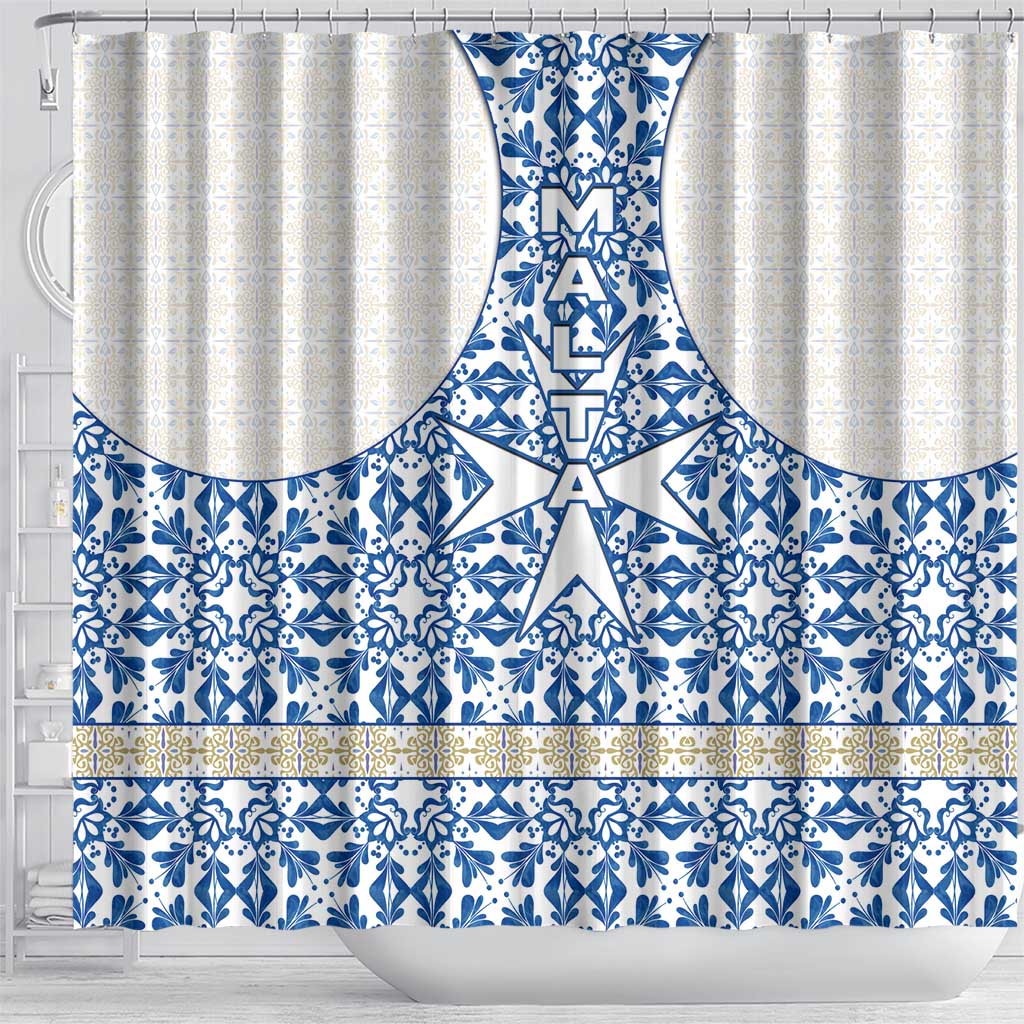 Malta Shower Curtain with Blue White Tile Design and Maltese Cross Pattern - Wonder Print Shop