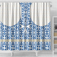 Malta Shower Curtain with Blue White Tile Design and Maltese Cross Pattern - Wonder Print Shop
