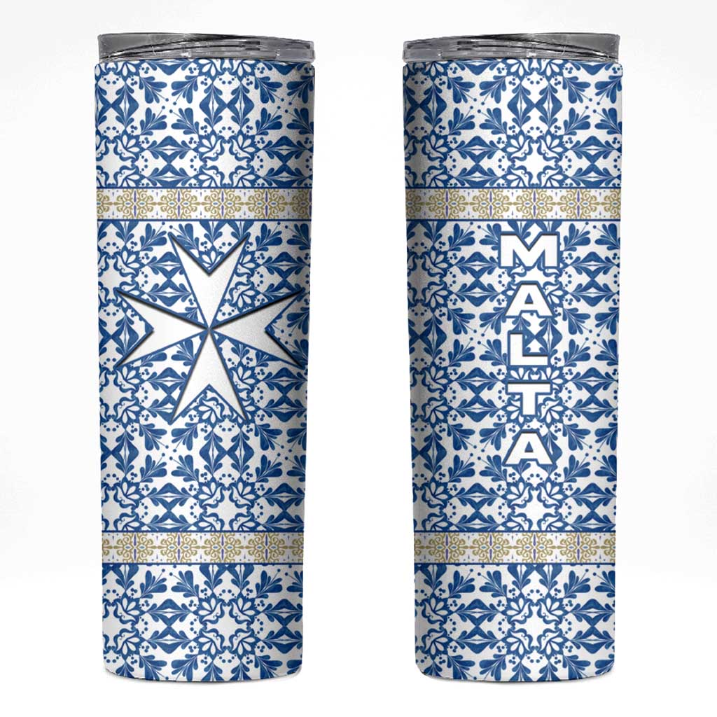 Malta Skinny Tumbler with Blue White Tile Design and Maltese Cross Pattern - Wonder Print Shop