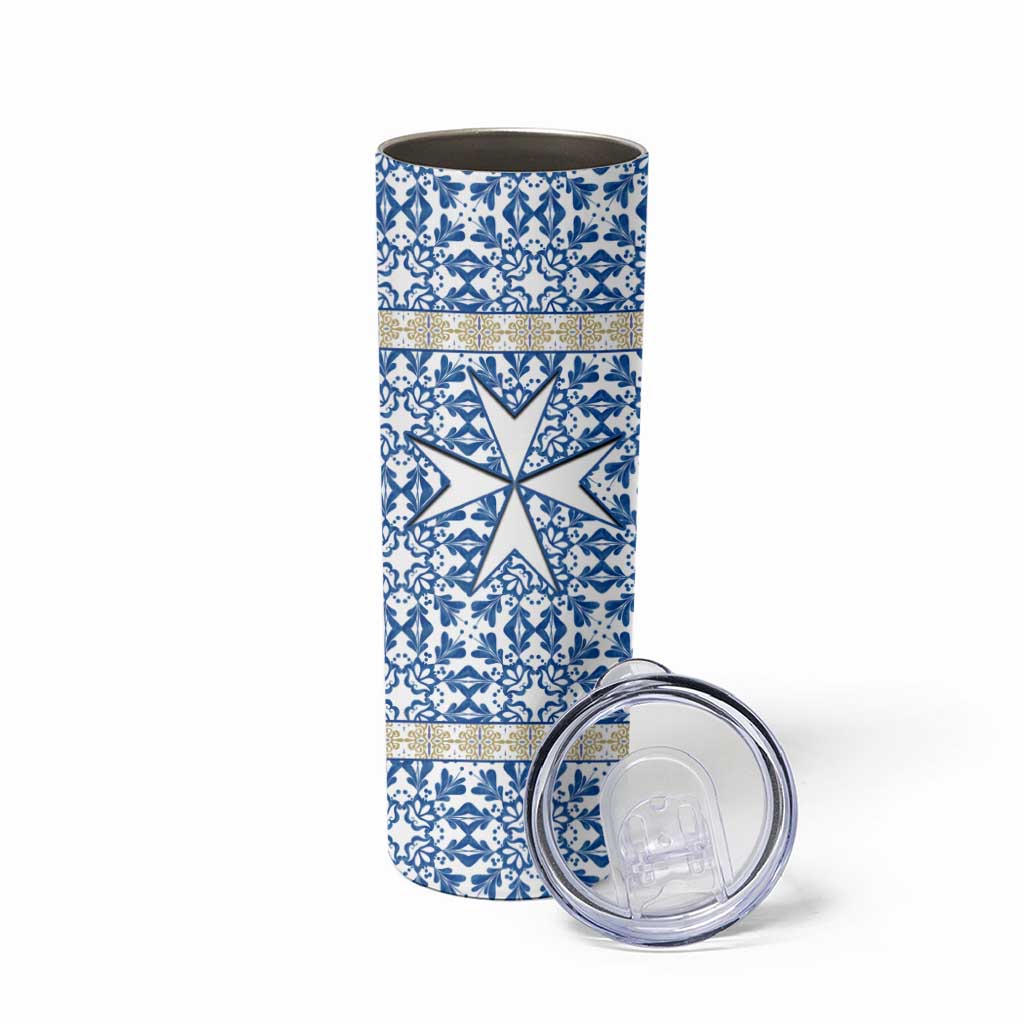 Malta Skinny Tumbler with Blue White Tile Design and Maltese Cross Pattern - Wonder Print Shop