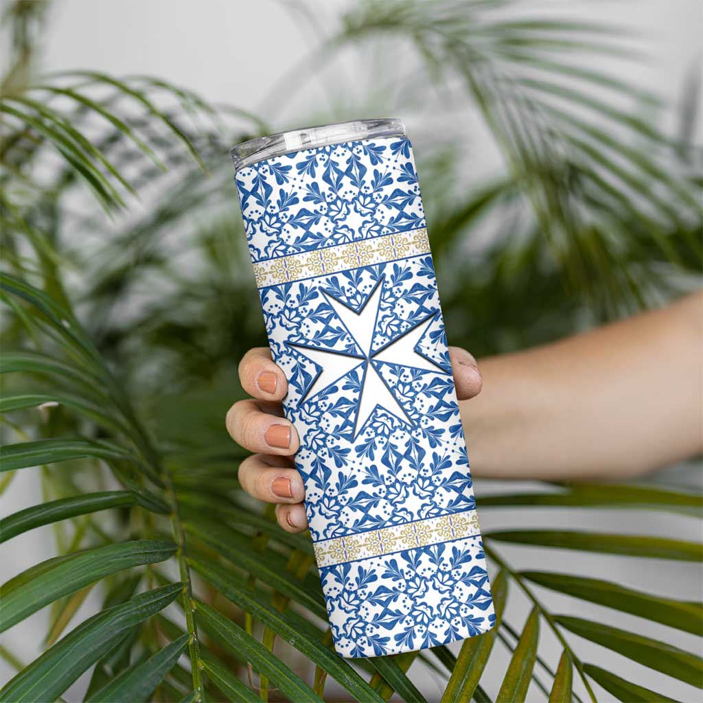 Malta Skinny Tumbler with Blue White Tile Design and Maltese Cross Pattern - Wonder Print Shop