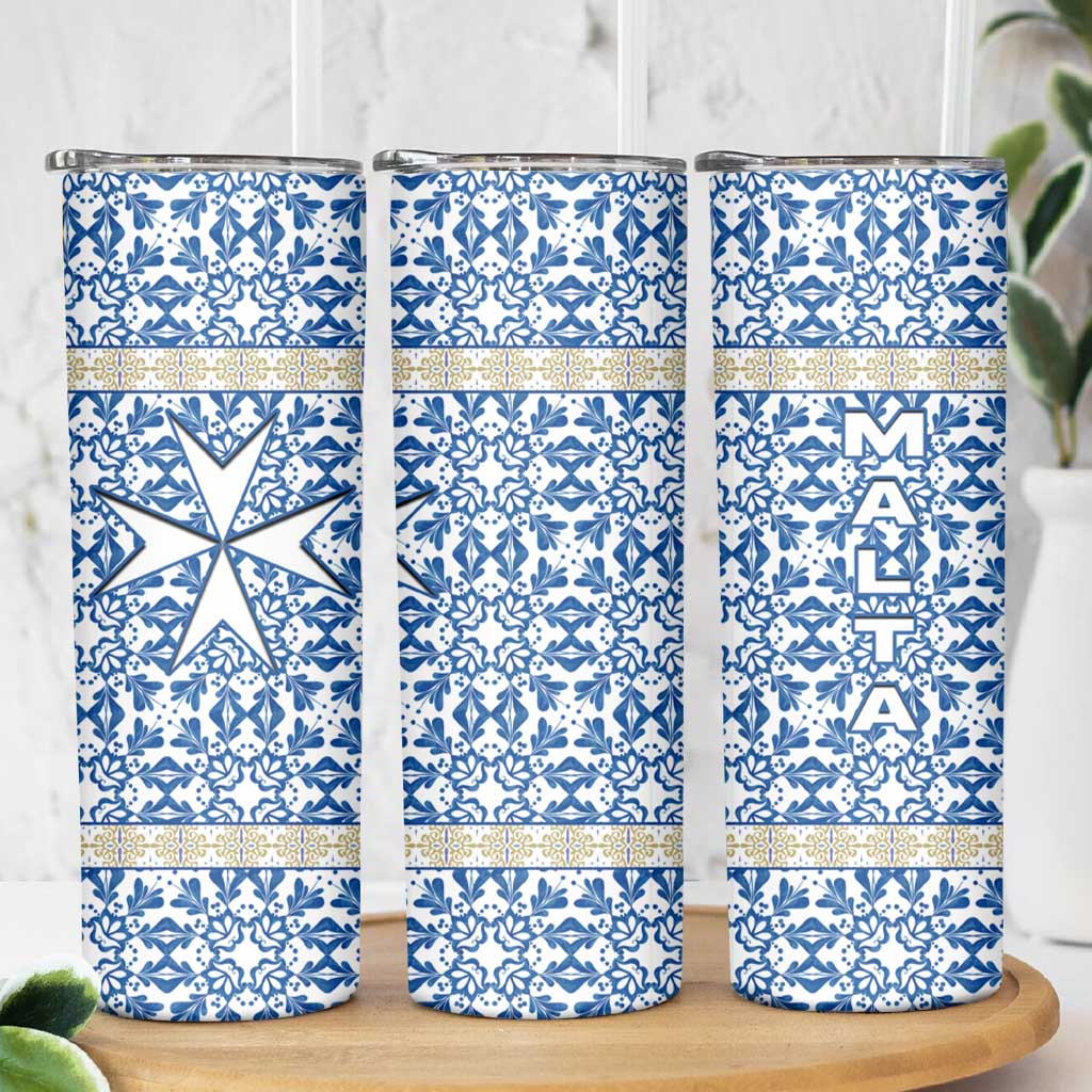 Malta Skinny Tumbler with Blue White Tile Design and Maltese Cross Pattern - Wonder Print Shop
