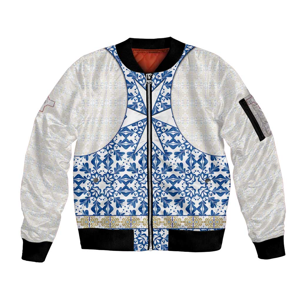 Malta Sleeve Zip Bomber Jacket with Blue White Tile Design and Maltese Cross Pattern - Wonder Print Shop