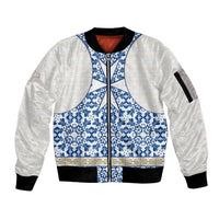 Malta Sleeve Zip Bomber Jacket with Blue White Tile Design and Maltese Cross Pattern - Wonder Print Shop