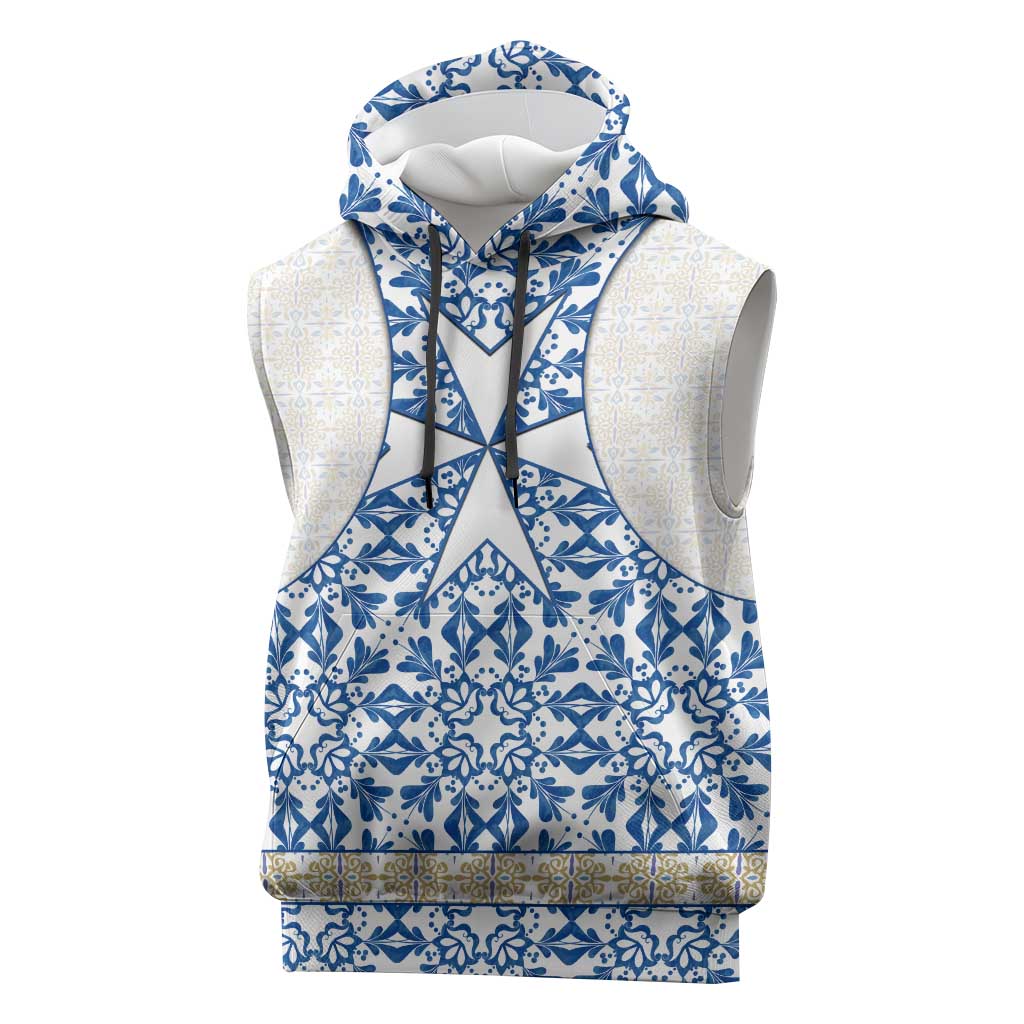 Malta Sleeveless Hoodie with Blue White Tile Design and Maltese Cross Pattern - Wonder Print Shop