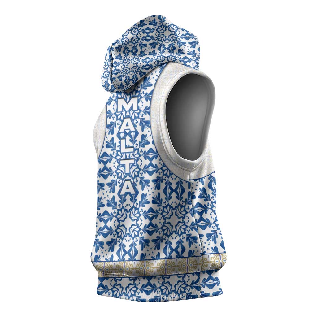 Malta Sleeveless Hoodie with Blue White Tile Design and Maltese Cross Pattern - Wonder Print Shop