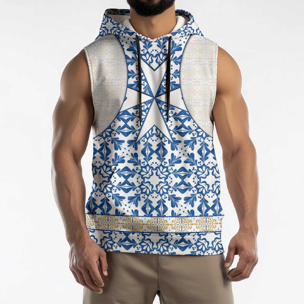 Malta Sleeveless Hoodie with Blue White Tile Design and Maltese Cross Pattern - Wonder Print Shop