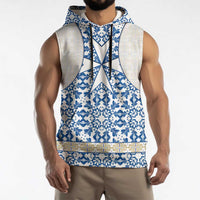 Malta Sleeveless Hoodie with Blue White Tile Design and Maltese Cross Pattern - Wonder Print Shop