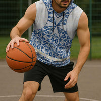 Malta Sleeveless Hoodie with Blue White Tile Design and Maltese Cross Pattern - Wonder Print Shop