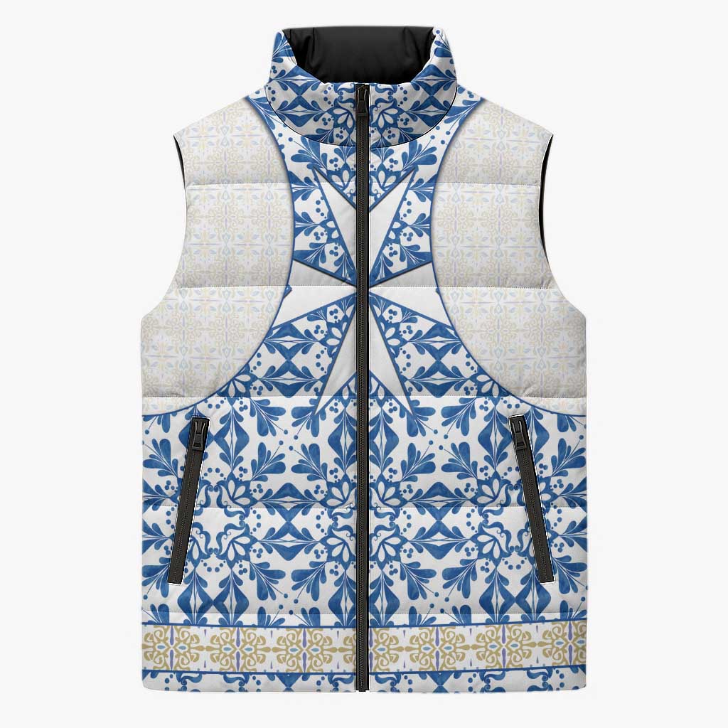 Malta Sleeveless Puffer Jacket with Blue White Tile Design and Maltese Cross Pattern - Wonder Print Shop