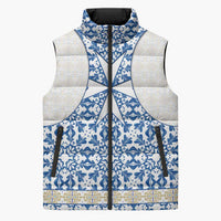 Malta Sleeveless Puffer Jacket with Blue White Tile Design and Maltese Cross Pattern - Wonder Print Shop