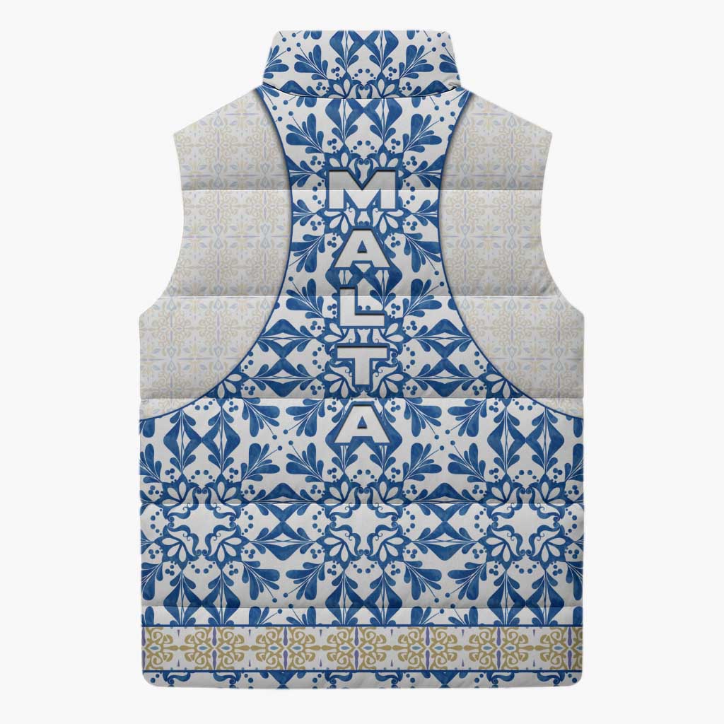 Malta Sleeveless Puffer Jacket with Blue White Tile Design and Maltese Cross Pattern - Wonder Print Shop