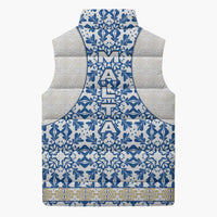 Malta Sleeveless Puffer Jacket with Blue White Tile Design and Maltese Cross Pattern - Wonder Print Shop