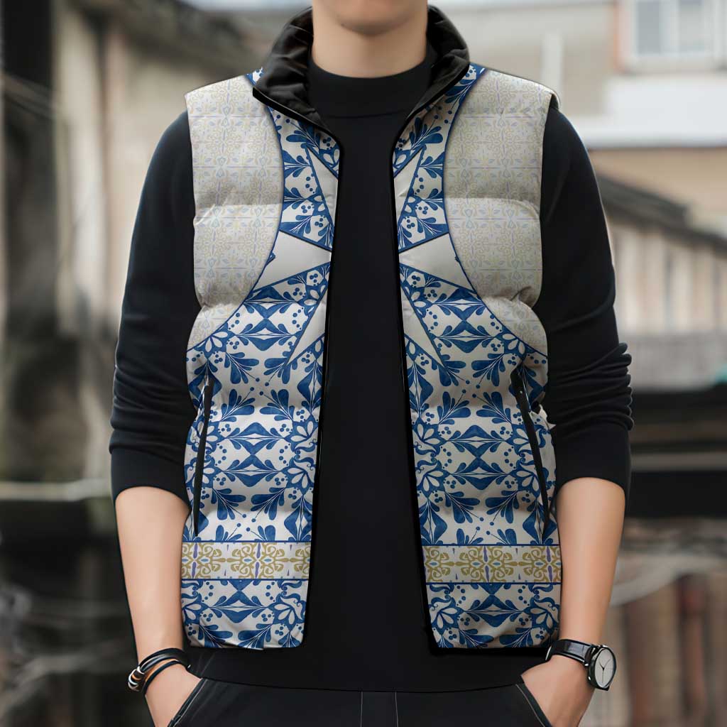 Malta Sleeveless Puffer Jacket with Blue White Tile Design and Maltese Cross Pattern - Wonder Print Shop