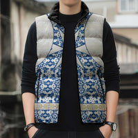 Malta Sleeveless Puffer Jacket with Blue White Tile Design and Maltese Cross Pattern - Wonder Print Shop