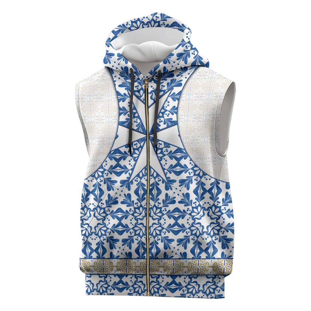 Malta Sleeveless Zip Hoodie with Blue White Tile Design and Maltese Cross Pattern - Wonder Print Shop