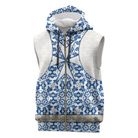 Malta Sleeveless Zip Hoodie with Blue White Tile Design and Maltese Cross Pattern - Wonder Print Shop