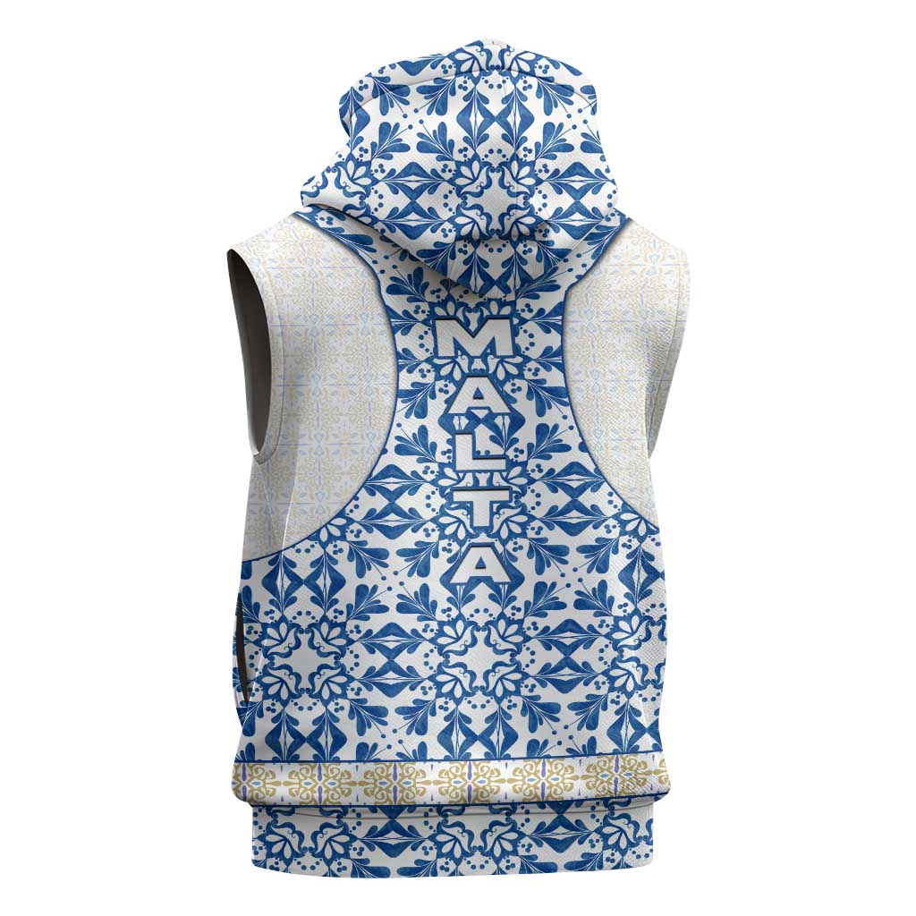 Malta Sleeveless Zip Hoodie with Blue White Tile Design and Maltese Cross Pattern - Wonder Print Shop