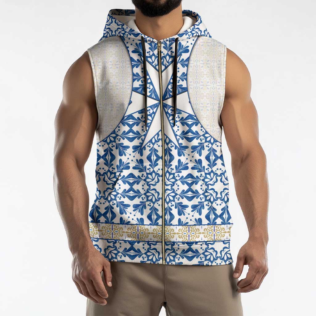 Malta Sleeveless Zip Hoodie with Blue White Tile Design and Maltese Cross Pattern - Wonder Print Shop