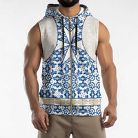 Malta Sleeveless Zip Hoodie with Blue White Tile Design and Maltese Cross Pattern - Wonder Print Shop