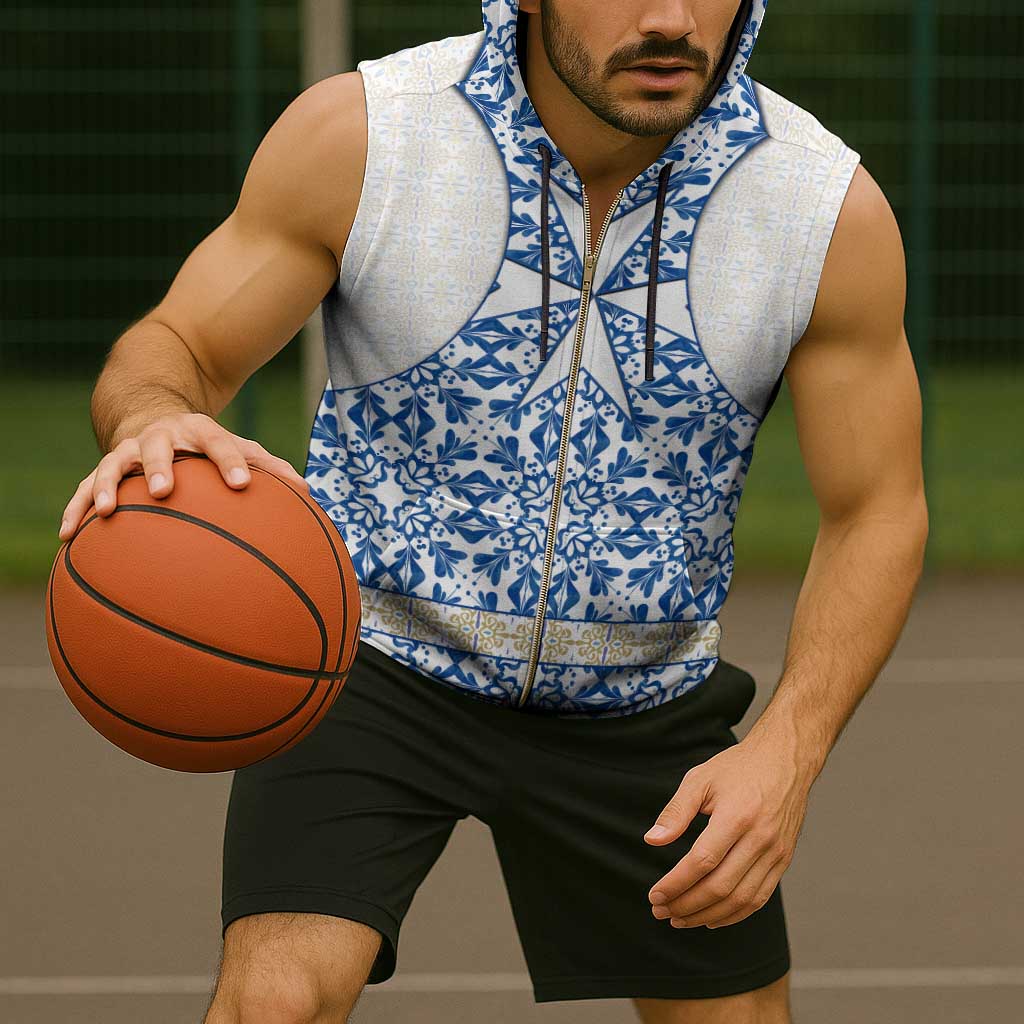 Malta Sleeveless Zip Hoodie with Blue White Tile Design and Maltese Cross Pattern - Wonder Print Shop