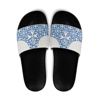 Malta Slide Sandals with Blue White Tile Design and Maltese Cross Pattern - Wonder Print Shop