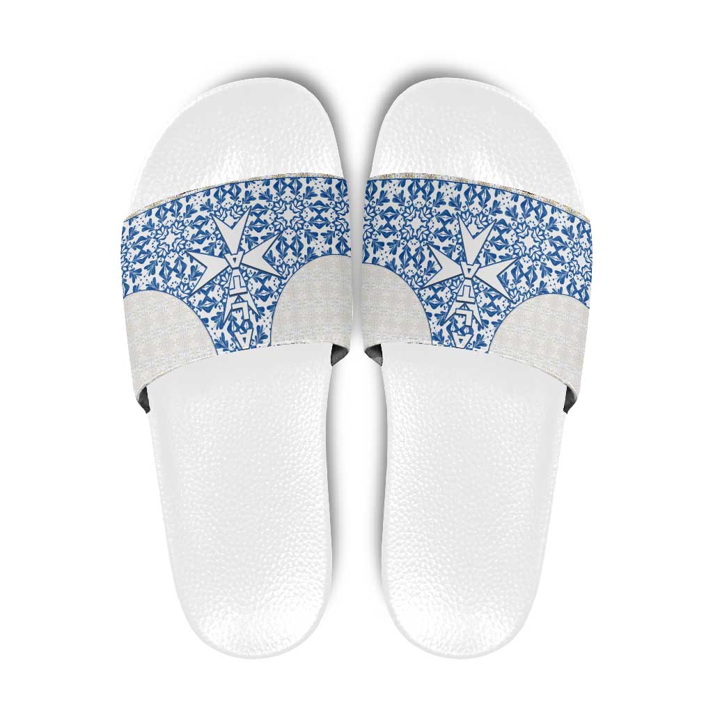 Malta Slide Sandals with Blue White Tile Design and Maltese Cross Pattern - Wonder Print Shop