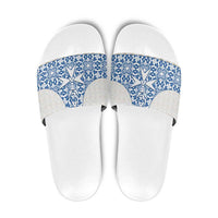 Malta Slide Sandals with Blue White Tile Design and Maltese Cross Pattern - Wonder Print Shop