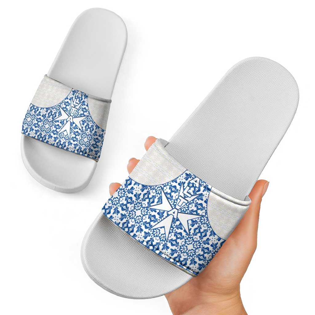 Malta Slide Sandals with Blue White Tile Design and Maltese Cross Pattern - Wonder Print Shop