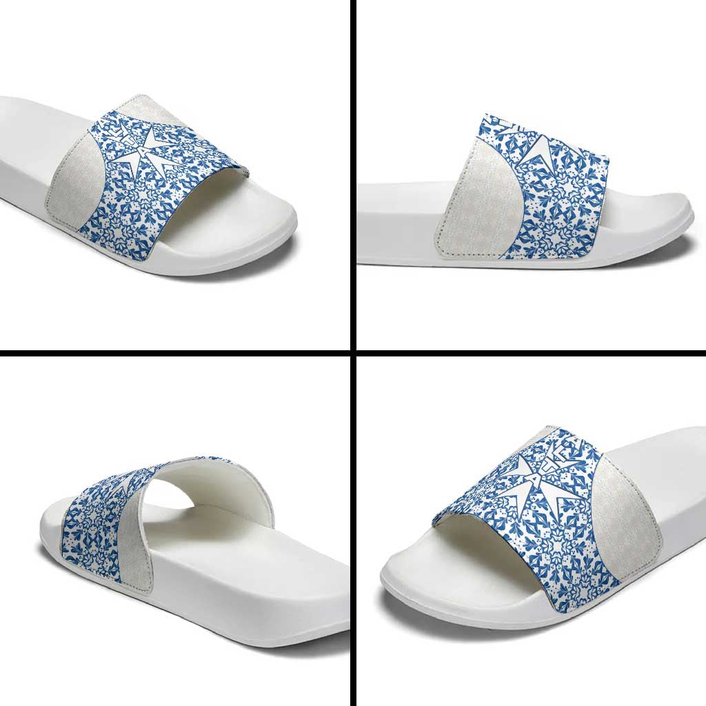 Malta Slide Sandals with Blue White Tile Design and Maltese Cross Pattern - Wonder Print Shop