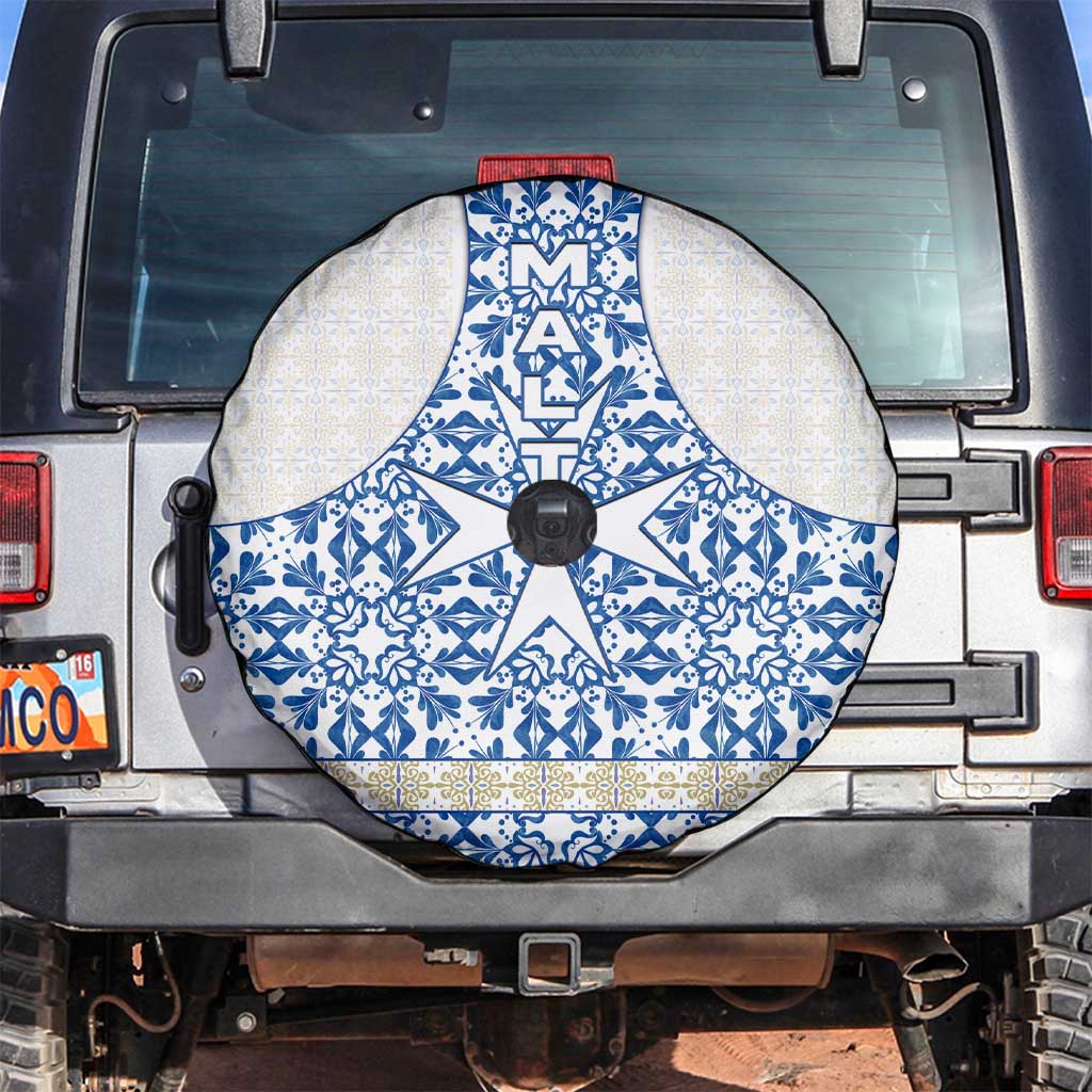 Malta Spare Tire Cover with Blue White Tile Design and Maltese Cross Pattern - Wonder Print Shop