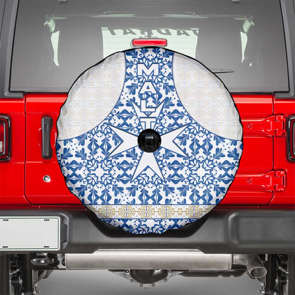 Malta Spare Tire Cover with Blue White Tile Design and Maltese Cross Pattern - Wonder Print Shop