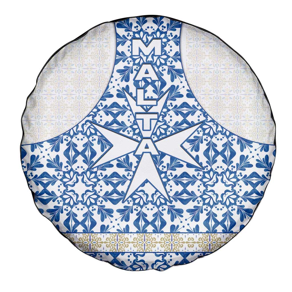 Malta Spare Tire Cover with Blue White Tile Design and Maltese Cross Pattern - Wonder Print Shop