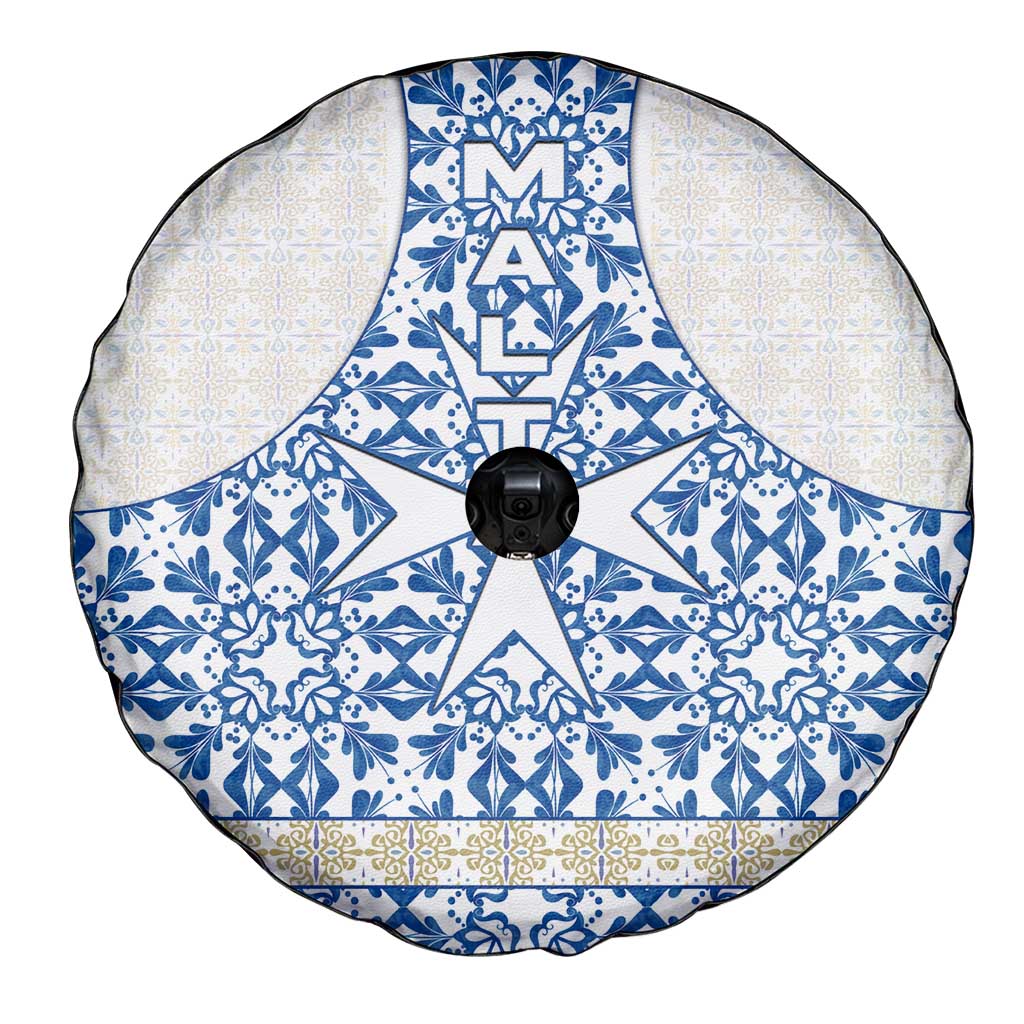 Malta Spare Tire Cover with Blue White Tile Design and Maltese Cross Pattern - Wonder Print Shop
