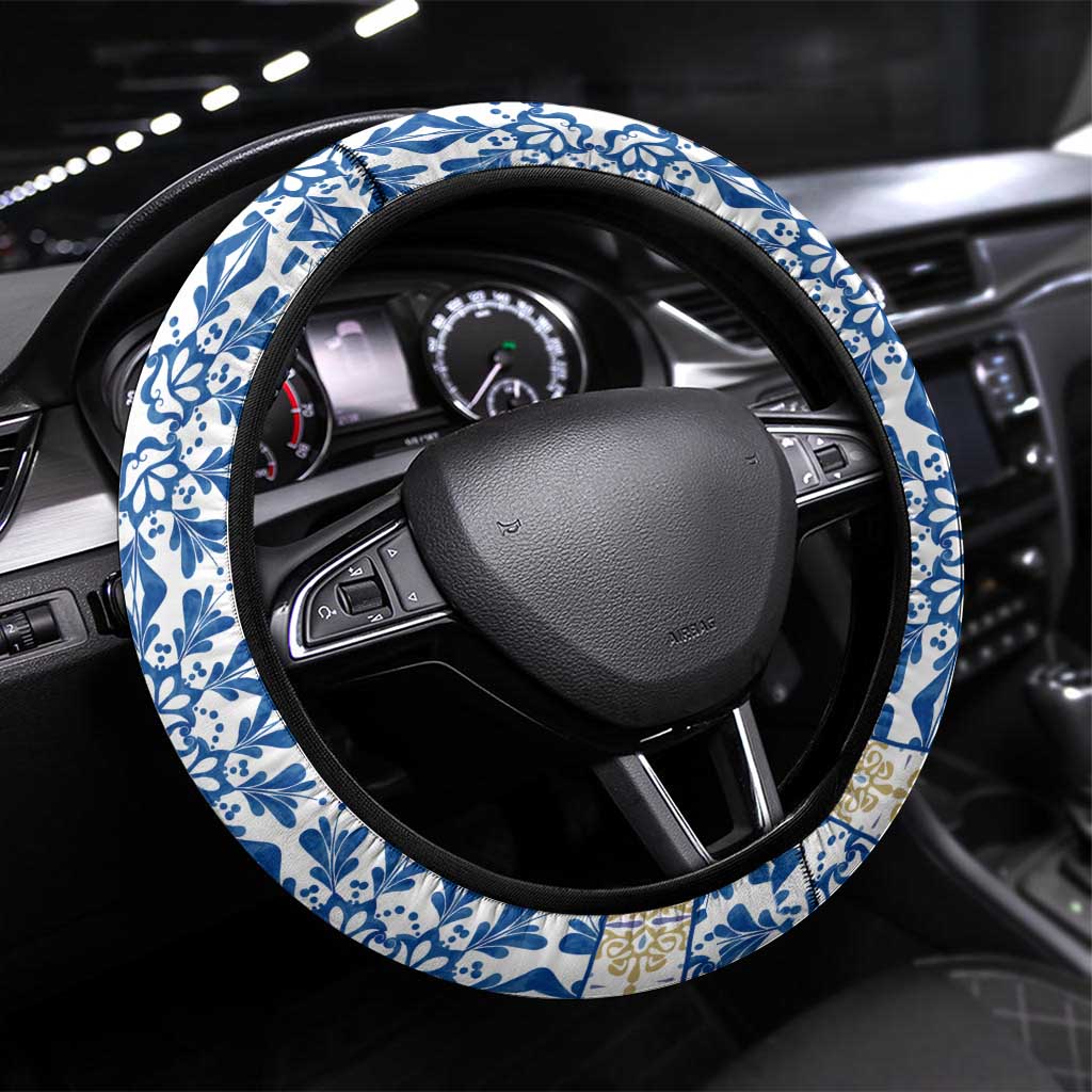 Malta Steering Wheel Cover with Blue White Tile Design and Maltese Cross Pattern - Wonder Print Shop