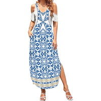 Malta Summer Maxi Dress with Blue White Tile Design and Maltese Cross Pattern - Wonder Print Shop