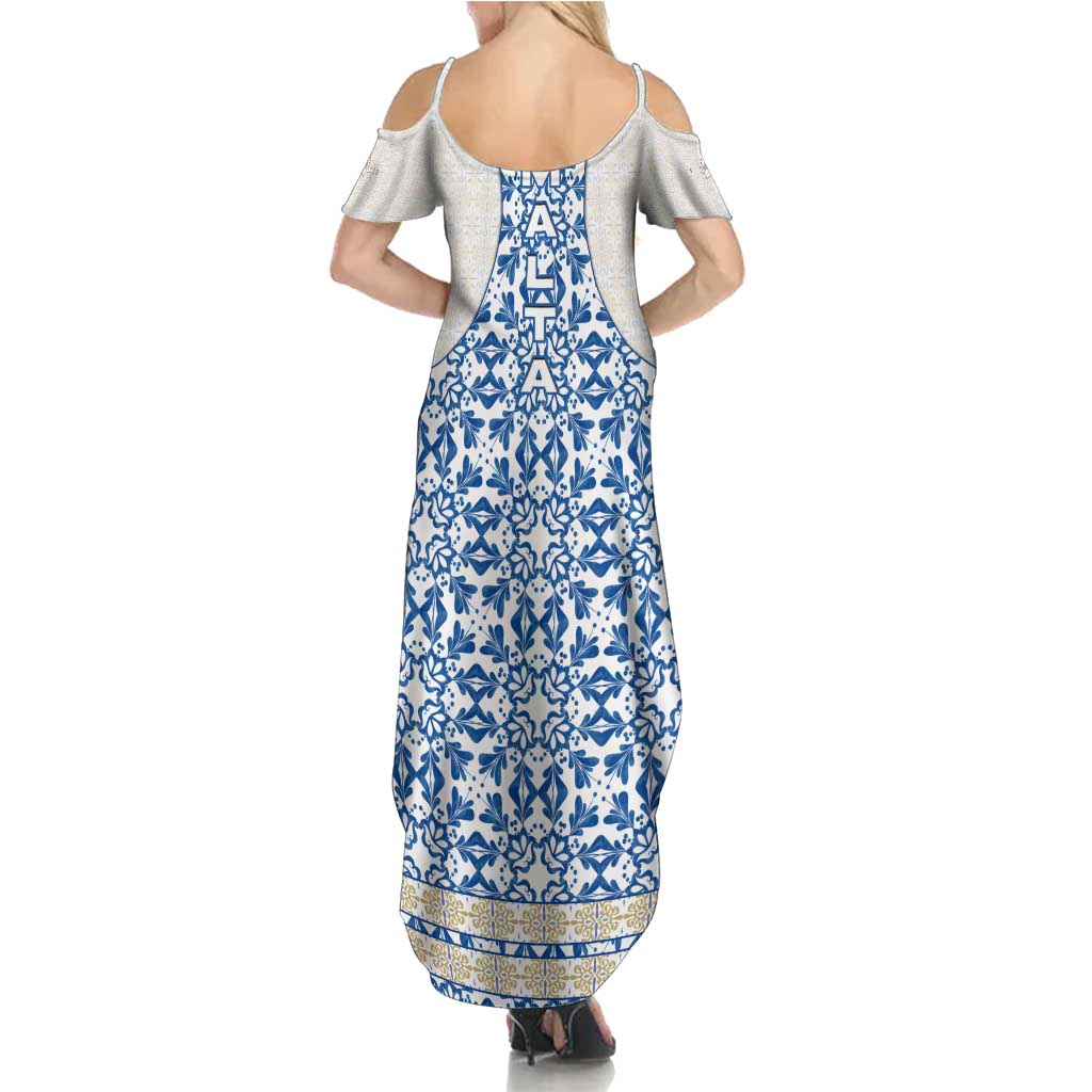 Malta Summer Maxi Dress with Blue White Tile Design and Maltese Cross Pattern - Wonder Print Shop