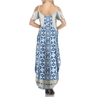 Malta Summer Maxi Dress with Blue White Tile Design and Maltese Cross Pattern - Wonder Print Shop